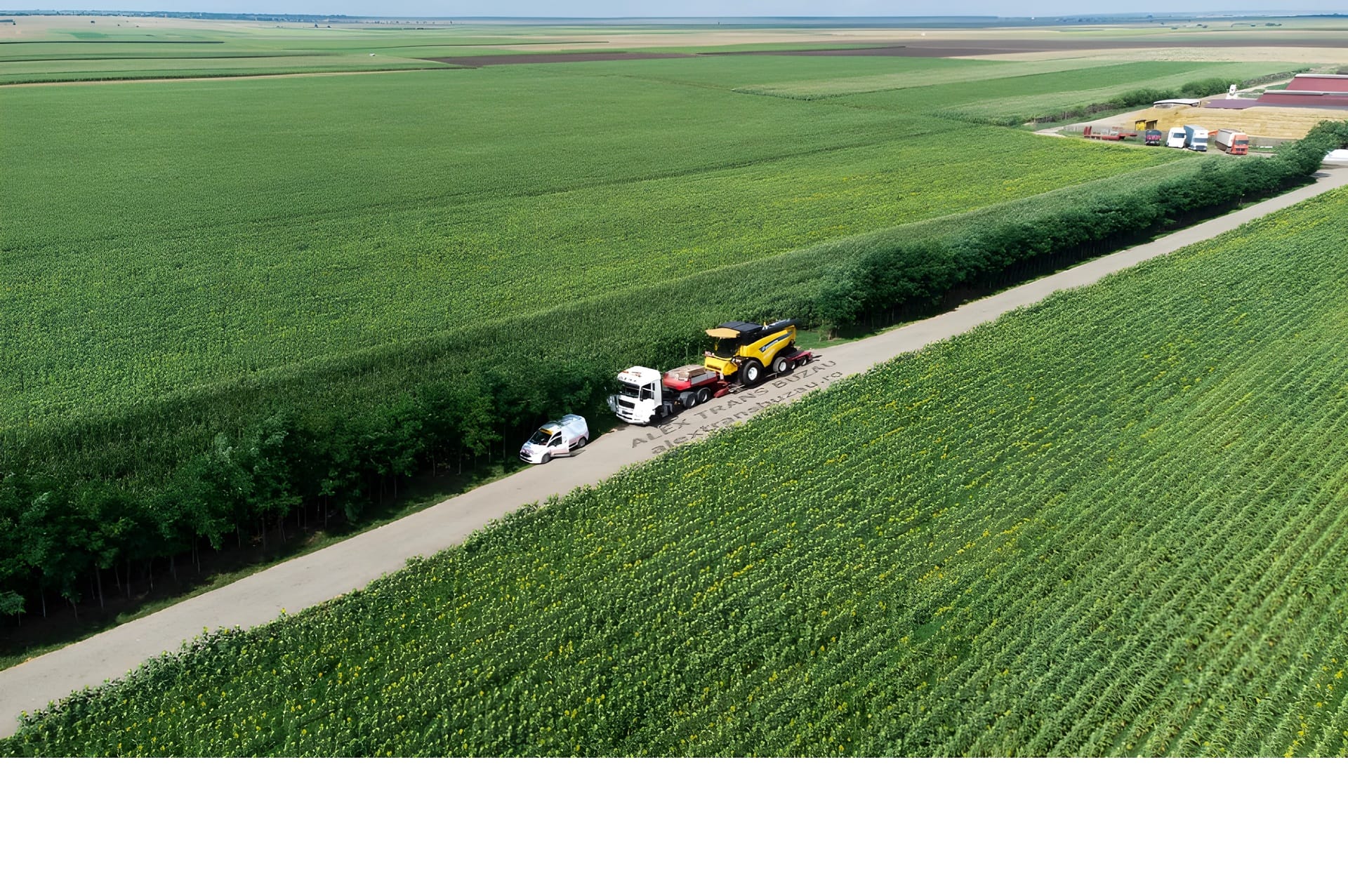 Camion specializat pentru transporturi agabaritice transporta un utilaj agricol supradimensionat pe un drum rural, între câmpuri verzi, în cadrul unui transport agabaritic organizat de Alex Trans SRL.