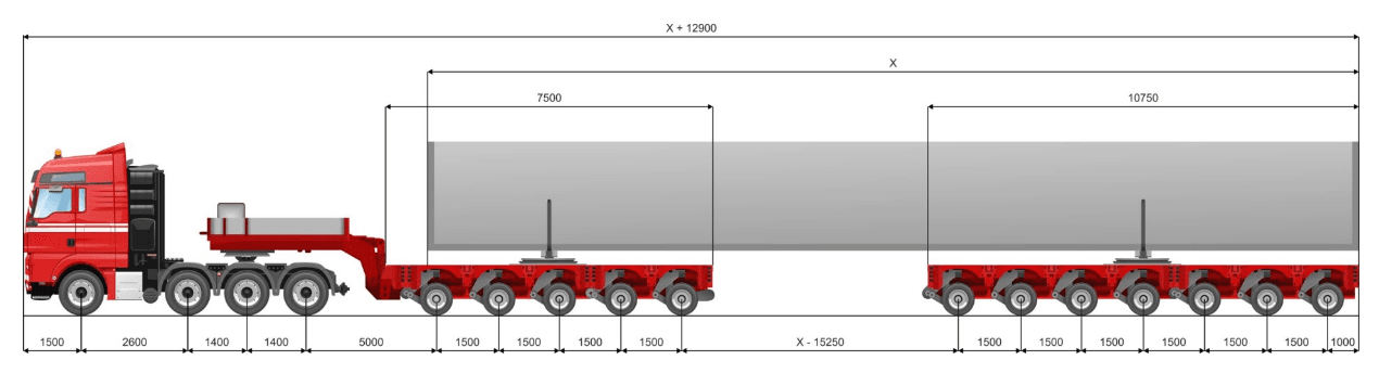 Platformă trailer cu 5+7 axe pentru transport agabaritic, parte din flota Alex Trans, proiectată pentru utilaje și echipamente supradimensionate, asigurând stabilitate și siguranță pe trasee dificile.